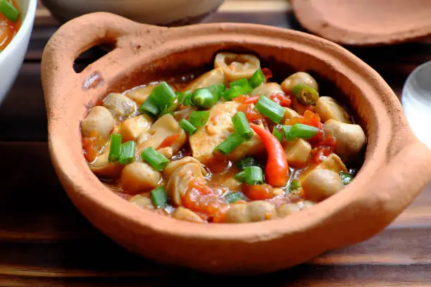 Top view vegetarian meal, tofu, mushroom cook with soy sauce in terra cotta pot for vegan diet, simple dish for vegan diet on orange background