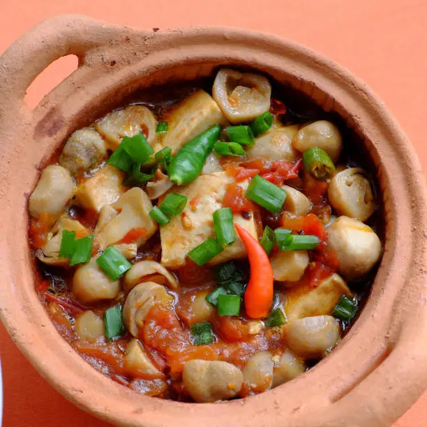 Top view vegetarian meal, tofu, mushroom cook with soy sauce in terra cotta pot for vegan diet, simple dish for vegan diet on orange background