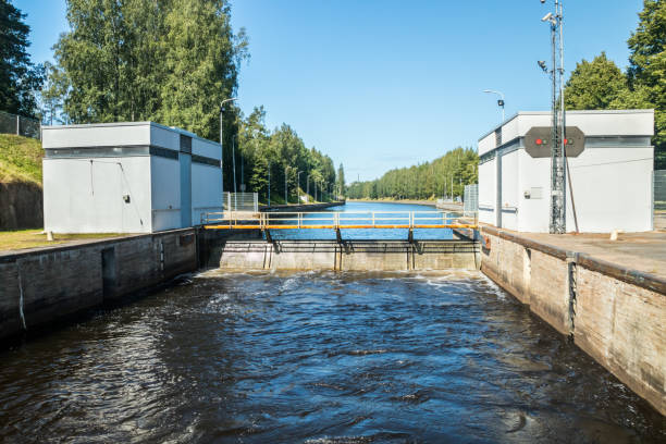 Lock on the Saimaa Canal at Malkia. View from water. Lappeenranta, Finland - August 7, 2019: Lock on the Saimaa Canal at Malkia. View from water. lappeenranta stock pictures, royalty-free photos & images