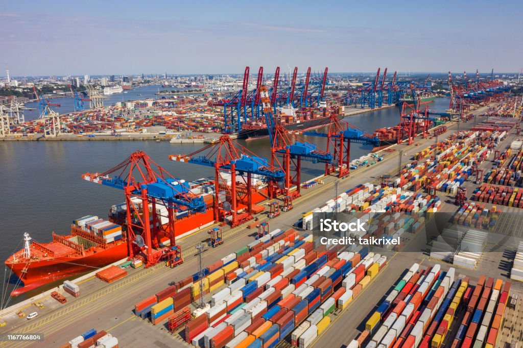 Aerial view on a container port, Germany Germany: Aerial view on a container port with colorful containers. Aerial View Stock Photo