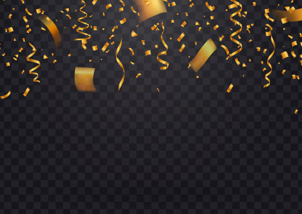 Golden flying confetti and particles on dark transparent background . Template of wide format for Holiday vector illustration. Golden flying confetti and particles on dark transparent background Template of wide format for Holiday vector illustration ticker tape stock illustrations