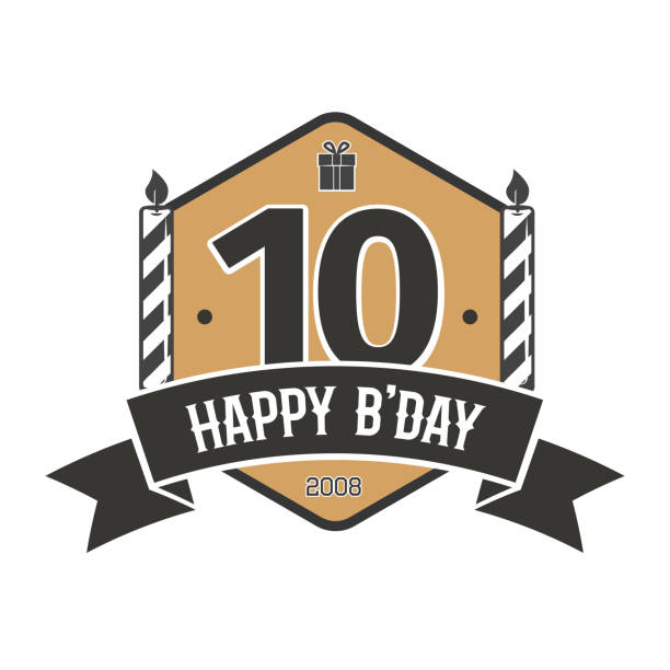 ilustraciones, imágenes clip art, dibujos animados e iconos de stock de emblema vectorial vintage del décimo aniversario. 10 años celebración plantilla de icono de cumpleaños feliz. - number 10 flash