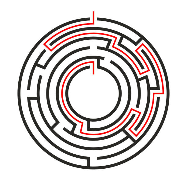 Education logic game circle labyrinth for kids. Find right way. Isolated simple round maze black line on white background.  With the solution. Education logic game circle labyrinth for kids. Find right way. Isolated simple round maze black line on white background.  With the solution. Vector illustration. circular maze stock illustrations