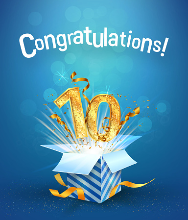 Explosion in the gift box flies the golden numbers. Ten years anniversary on blue background. Template tenth birthday celebration vector Illustration