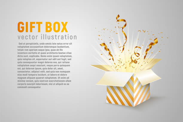 ilustrações de stock, clip art, desenhos animados e ícones de isolated open box with gold ribbons and confetti splash on white background. holidays vector illustration with empty space for text. - surprise