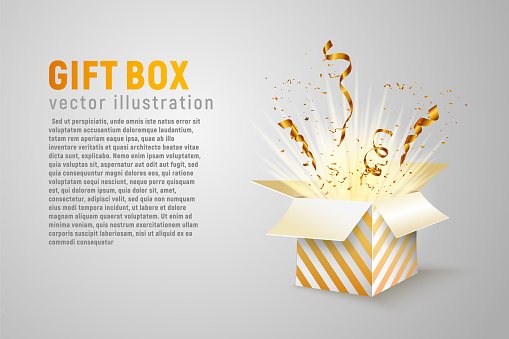 Isolated open box with gold ribbons and confetti splash on white background Holidays vector illustration with empty space for text