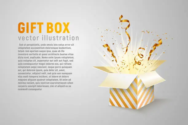 Vector illustration of Isolated open box with gold ribbons and confetti splash on white background. Holidays vector illustration with empty space for text.