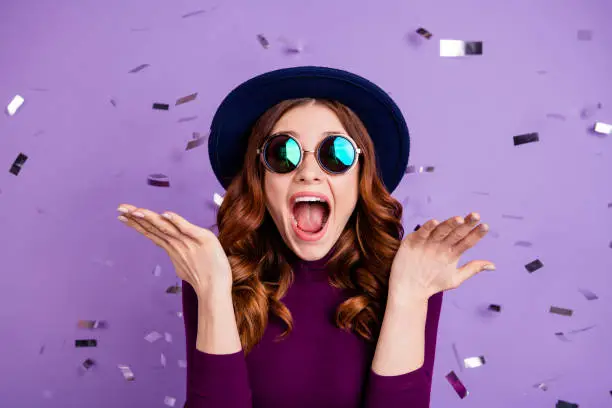 Photo of Close up photo of lovely vintage student shouting isolated over purple background