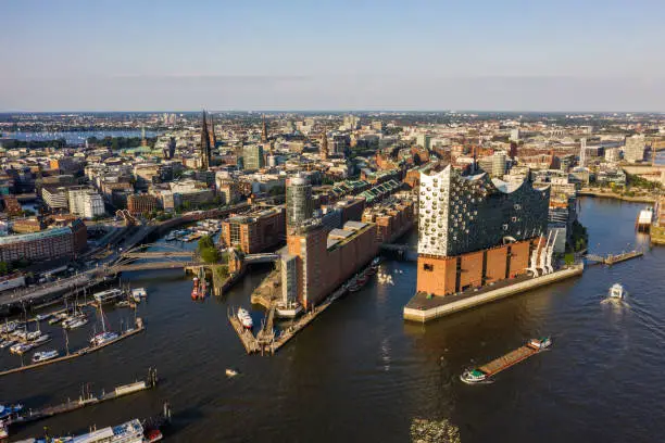 Germany: Aerial view of the Speicherstadt of Hamburg with the concert hall Elbphilharmonie.