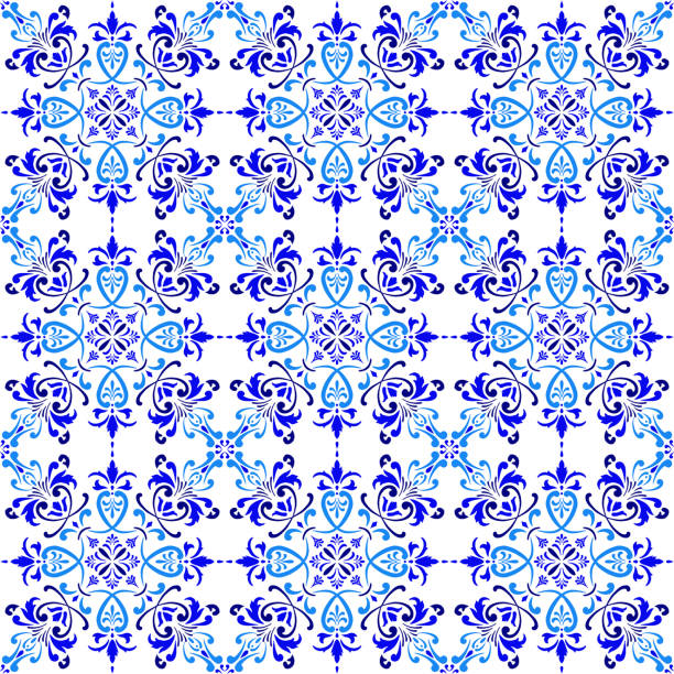 ilustrações, clipart, desenhos animados e ícones de teste padrão da telha do vetor, mosaico floral árabe de lisboa, ornamento sem emenda mediterrâneo do azul de marinha. - textile blue leaf paisley