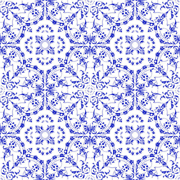 wzór płytek wektorowych, mozaika z arabskiego kwiatu lizbony, śródziemnomorska błękitna ozdoba z bezszwową. - repeating tile illustrations stock illustrations