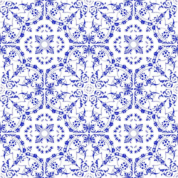 Vector illustration of Vector tile pattern, Lisbon Arabic Floral Mosaic, Mediterranean Seamless Navy Blue Ornament.