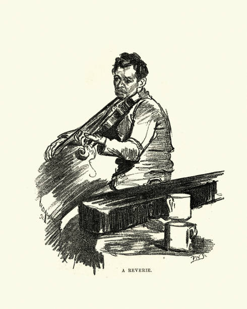 ilustraciones, imágenes clip art, dibujos animados e iconos de stock de hombre busking tocando el violín, victoriano, siglo xix - violinist