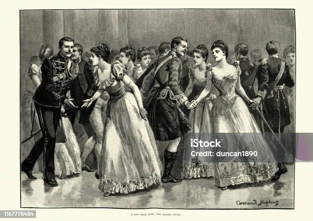 Victorian New Years Ball Dancing The Ladies Chain 19th Century Stock Illustration - Download Image Now