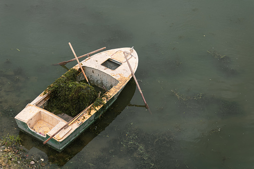 Old boat in the lake near the shore. Water purification of the river from algae.