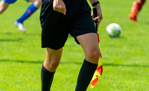 istock Midsection Of Referee Holding Flag On Soccer Field 1167790413