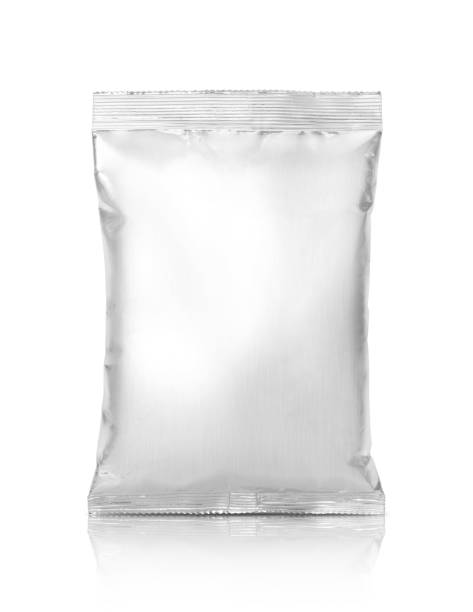 스낵 또는 식품 디자인 모형을 위한 알루미늄 호일 파우치 - packaging bag blank plastic 뉴스 사진 이미지