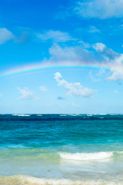 istock Rainbow and sunrise on the beach 1167794784