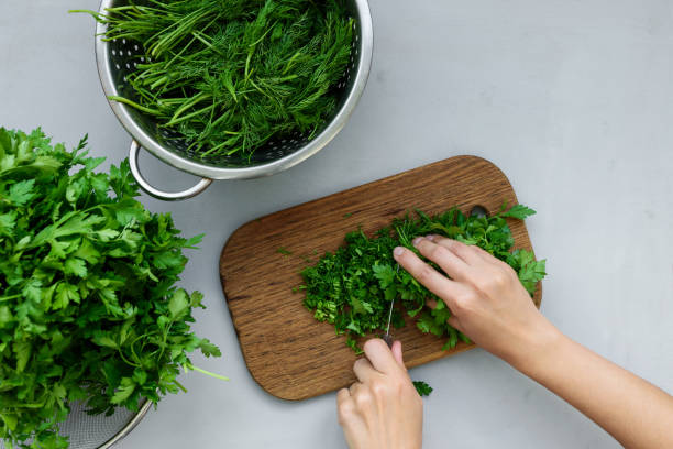 Feminine hands chopping fresh green parsley and dill or fennel on cutting boar on gray wooden table. Top view. Copy space. Harvesting concept Feminine hands chopping fresh green parsley and dill or fennel on cutting boar on gray wooden table. Top view. Copy space. Harvesting concept chopped dill stock pictures, royalty-free photos & images