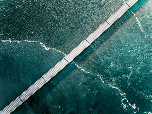 Bridge in Iceland going over the sea seen from above Aaerial photograph of the beautiful sea and bridge in Iceland. drone point of view road stock pictures, royalty-free photos & images