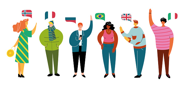 Native speakers flat vector illustrations set. Happy young men and women cartoon characters. Cheerful people speaking different languages. international communication, student exchange program