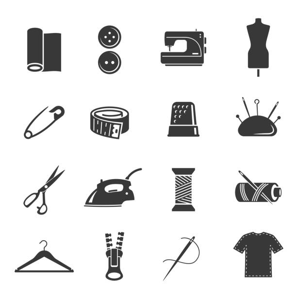 Tailoring tools black and white glyph icons set Tailoring tools black and white glyph icons set. Dressmaking, sewing workshop, needlework hobby monochrome symbols. Measuring tape, mannequin, smoothing iron and thimble outline vector illustrations machine sewing white sewing item stock illustrations