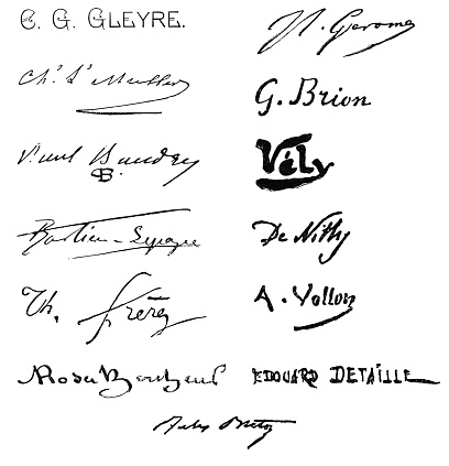 Various 19th century European artists’ signatures. Vintage etching circa late 19th century. From left to right, top down. Charles Gleyre, Jean-Leon Gerome, Charles Louis Muller, Gustave Brion, Paul-Jacques-Aime Baudry, Anatole Vely, Jules Bastien-Lepage, Giuseppe De Nittis, Charles-Theodore Frere, Antoine Vollon, Rosa Bonheur, Jean-Baptiste Edouard Detaille and Jules Breton.