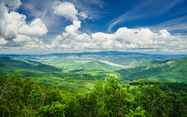 Panorama view of the Danube bend with beautiful clouds from Dobogoko in the summer, Hungary