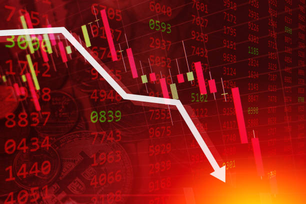 ilustraciones, imágenes clip art, dibujos animados e iconos de stock de crisis económica carta de acciones cayendo por el concepto de bancarrota de dinero global del negocio - movimiento hacia abajo