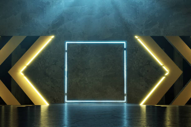 istock 3d rendering of blue neon square surrounded by yellow warning hazard shape on grunge floor 1167797381