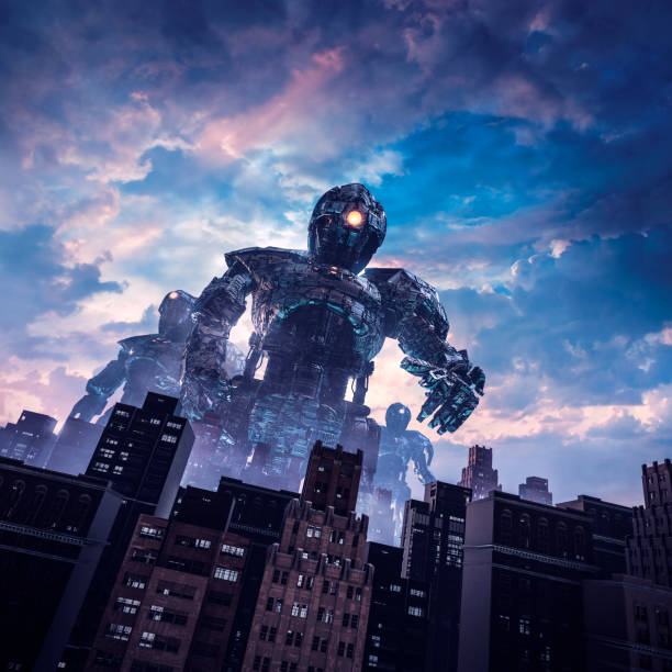 Dawn of the giants 3D illustration of retro science fiction scene with huge alien robots attacking city giant fictional character stock pictures, royalty-free photos & images