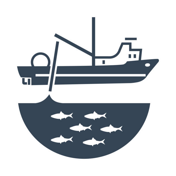 black icon trawler, seiner ship, fishing net vector art illustration