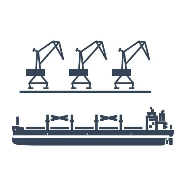 Vector illustration of black icon cargo ship in port, bulk carrier, harbor crane