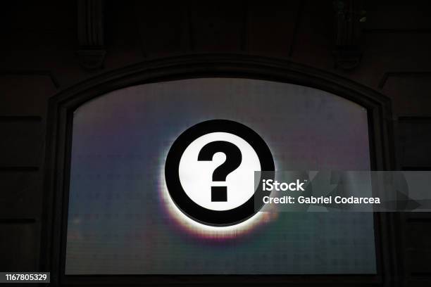 Interrogant Sign Interrogation Or Question Illuminated Sign On A Building With Copy ...