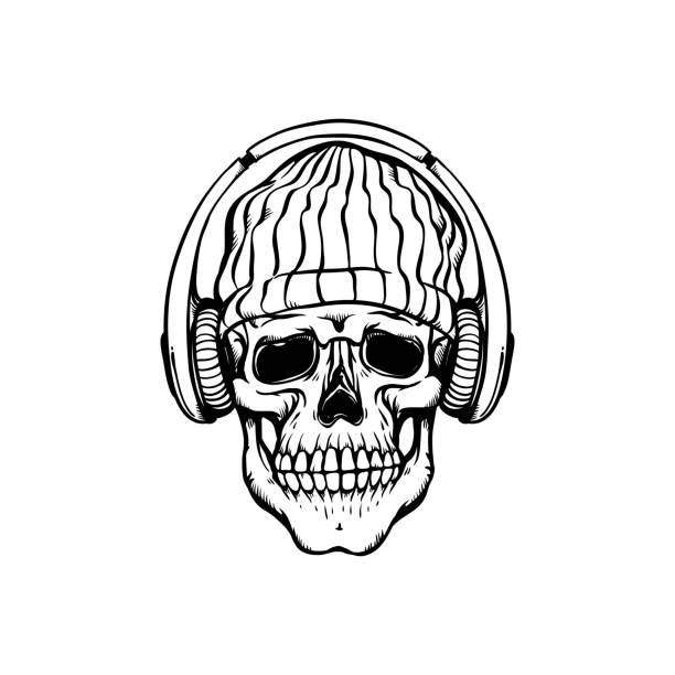 illustrations, cliparts, dessins animés et icônes de crâne humain dans les couvre-chefs de style hip-hop ou rap - chapeau en tricot et écouteurs dans le style sketch. - smiley face audio