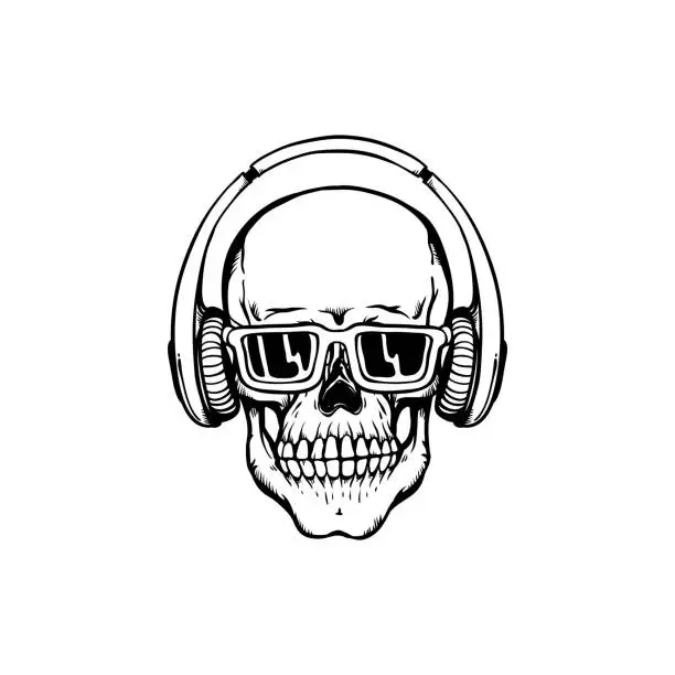 Vector illustration of Human skull with headphones and sunglasses in sketch style isolated on white background.