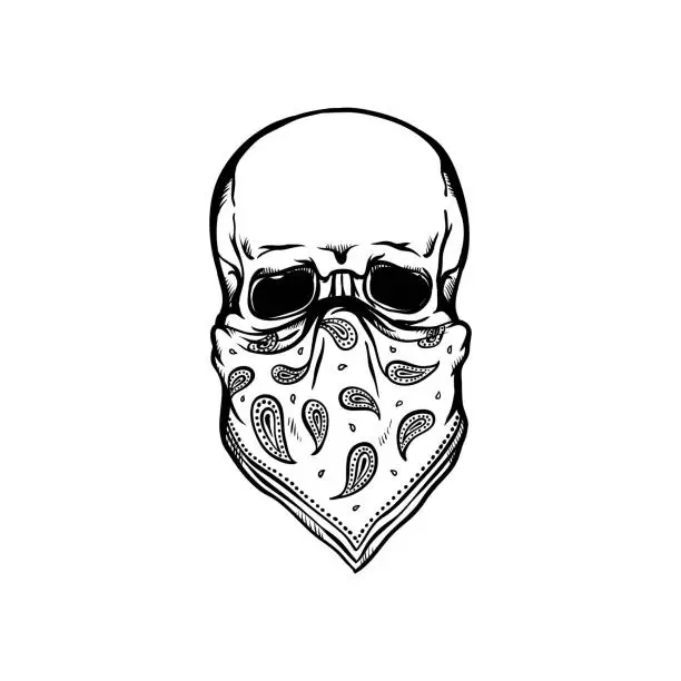 Vector illustration of Human skull with bandana as face mask in sketch style isolated on white background.