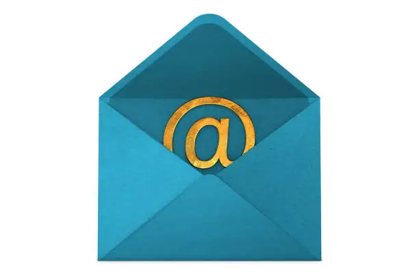 Photo of 3d illustration: golden email symbol in open blue paper mail envelope isolated on white background. New message in mail programs on your computer and mobile phone.