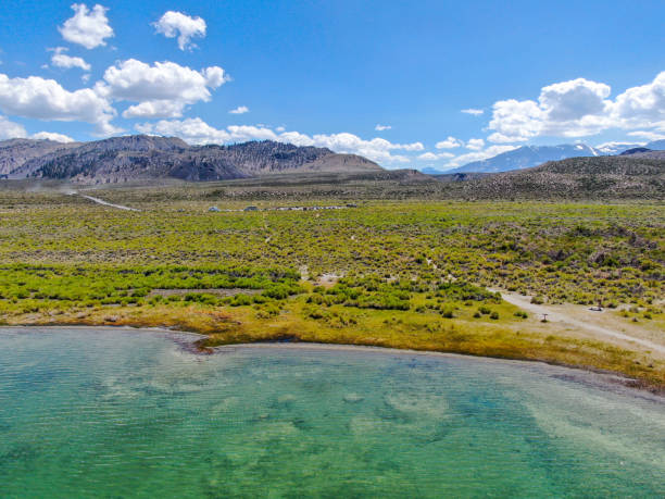 aerial view of mono lake blue clear water - mono county imagens e fotografias de stock