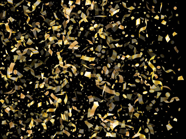 istock Holiday realistic gold confetti flying on black background. 1167810888