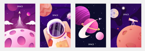 太空宇航員太陽系的行星。太空旅行和探索。橫幅、卡片、傳單、宣傳冊的卡通向量樣板集。 - 天文學 插圖 幅插畫檔、美工圖案、卡通及圖標