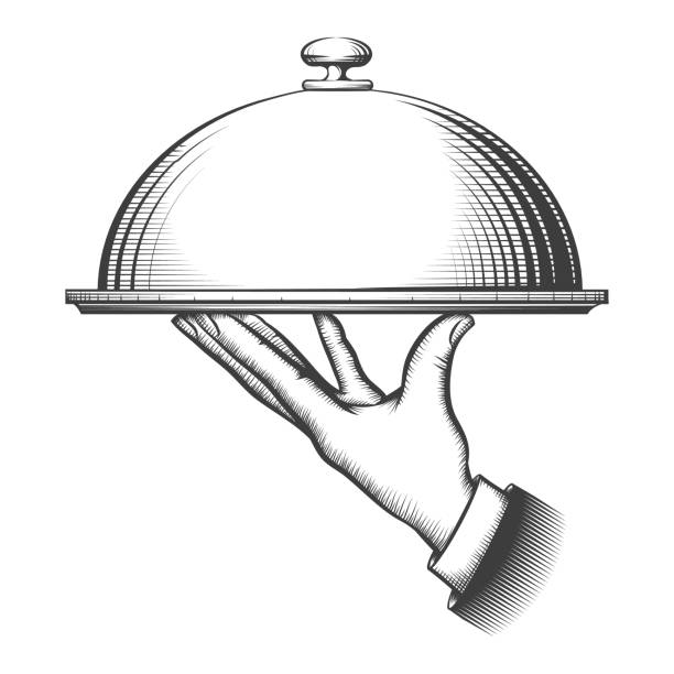 Vintage restaurant tray sketch Vintage tray drawing. Restaurant dinner tray sketch illustration, waiter hand with delicious dish engraving, luxury food plate in old style vintage cafeteria stock illustrations