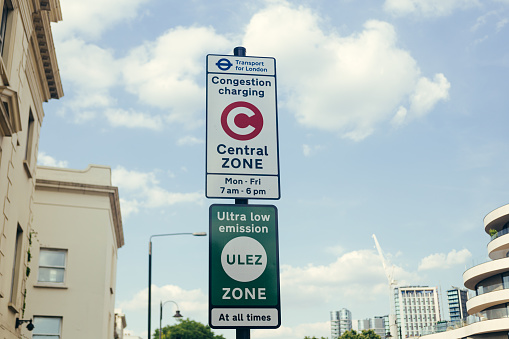 London / UK - July 16, 2019: Sign warning drivers that they are about to enter the Ultra Low Emission Zone and Congestion Charging Zone