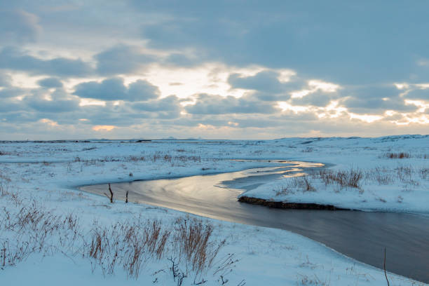 sunset in a frosty landscape with a little curvy brook winds trough the land.