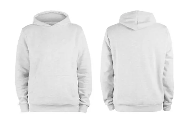 Men's white blank hoodie template,from two sides, natural shape on invisible mannequin, for your design mockup for print, isolated on white background