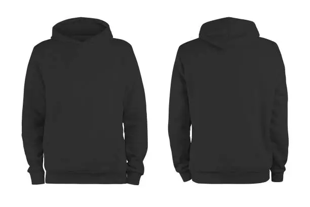 Photo of Men's black blank hoodie template,from two sides, natural shape on invisible mannequin, for your design mockup for print, isolated on white background