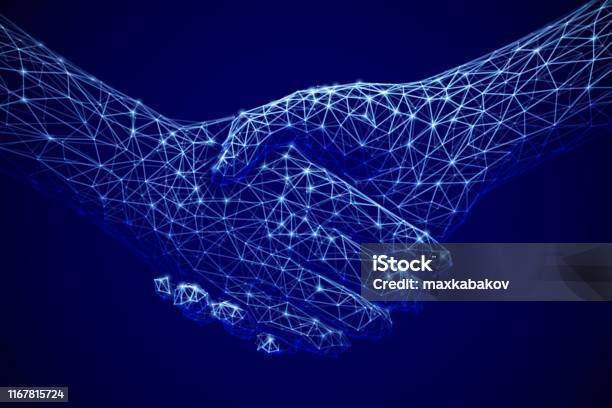 Information Technology In Business Digital Deal Or Online Commerce Digital Handshake Stock Illustration - Download Image Now