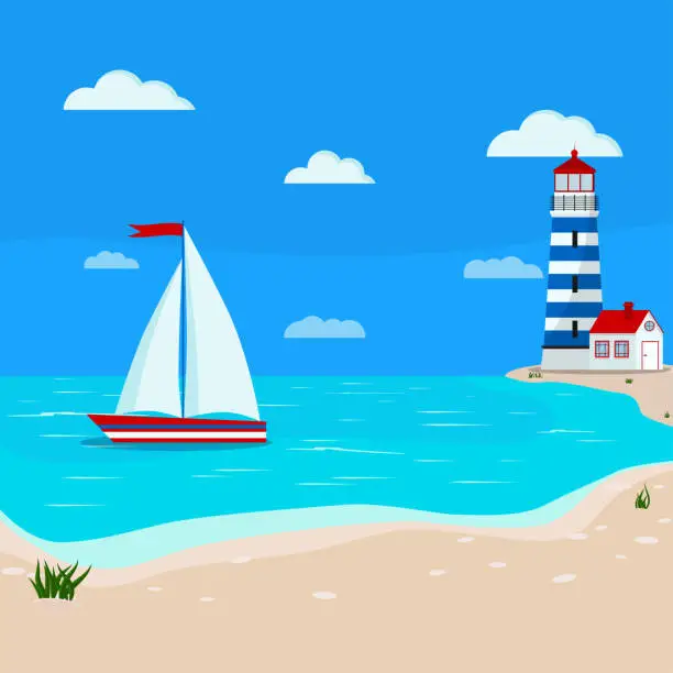 Vector illustration of Beautiful calm seascape: blue ocean, clouds, sand coastline with grass, sailboat, lighthouse.