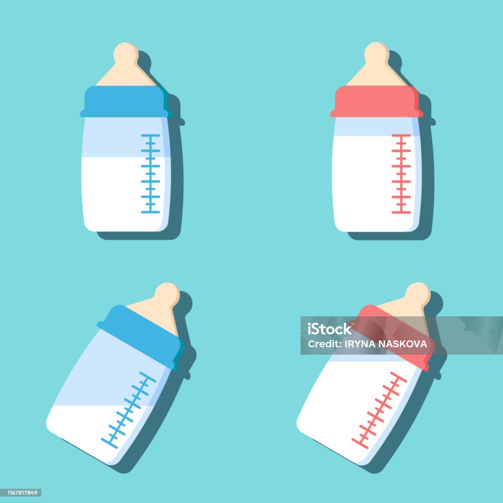 Set Of Baby Bottle With Milk In Flat Cartoon Style Stock Illustration -  Download Image Now - iStock