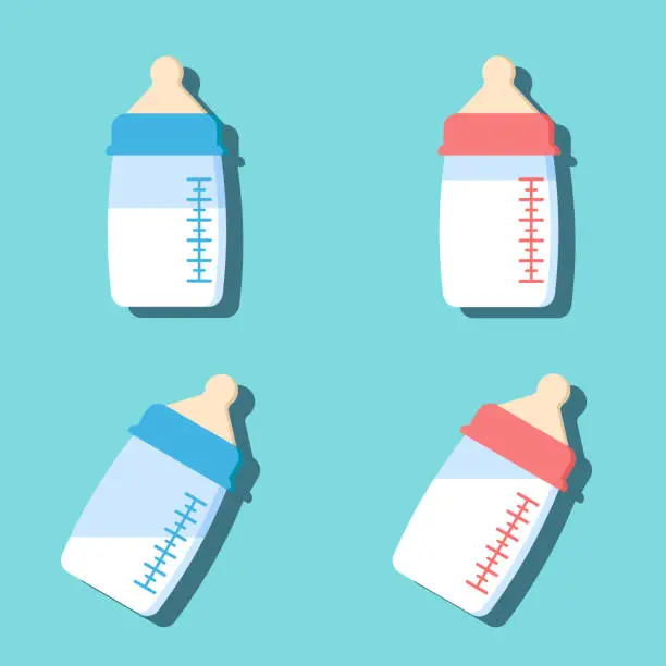 Vector illustration of Set of baby bottle with milk in flat cartoon style.